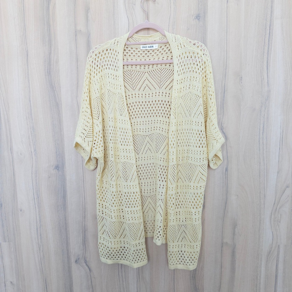 Womens Open Knit Crochet Cardigan S Oversized Butter‎ Yellow Boho Coastal Layer